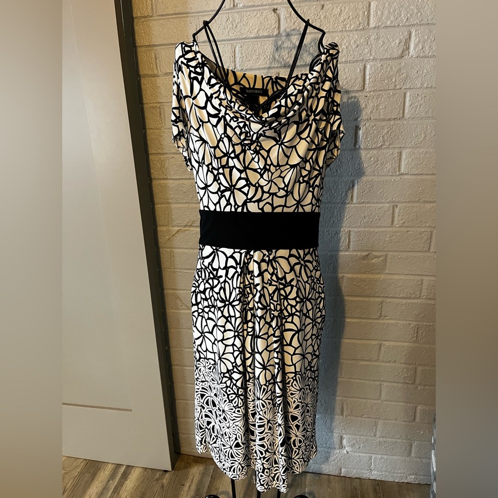 Ellen Tracy Black & White Floral Cowl Neck Dress
